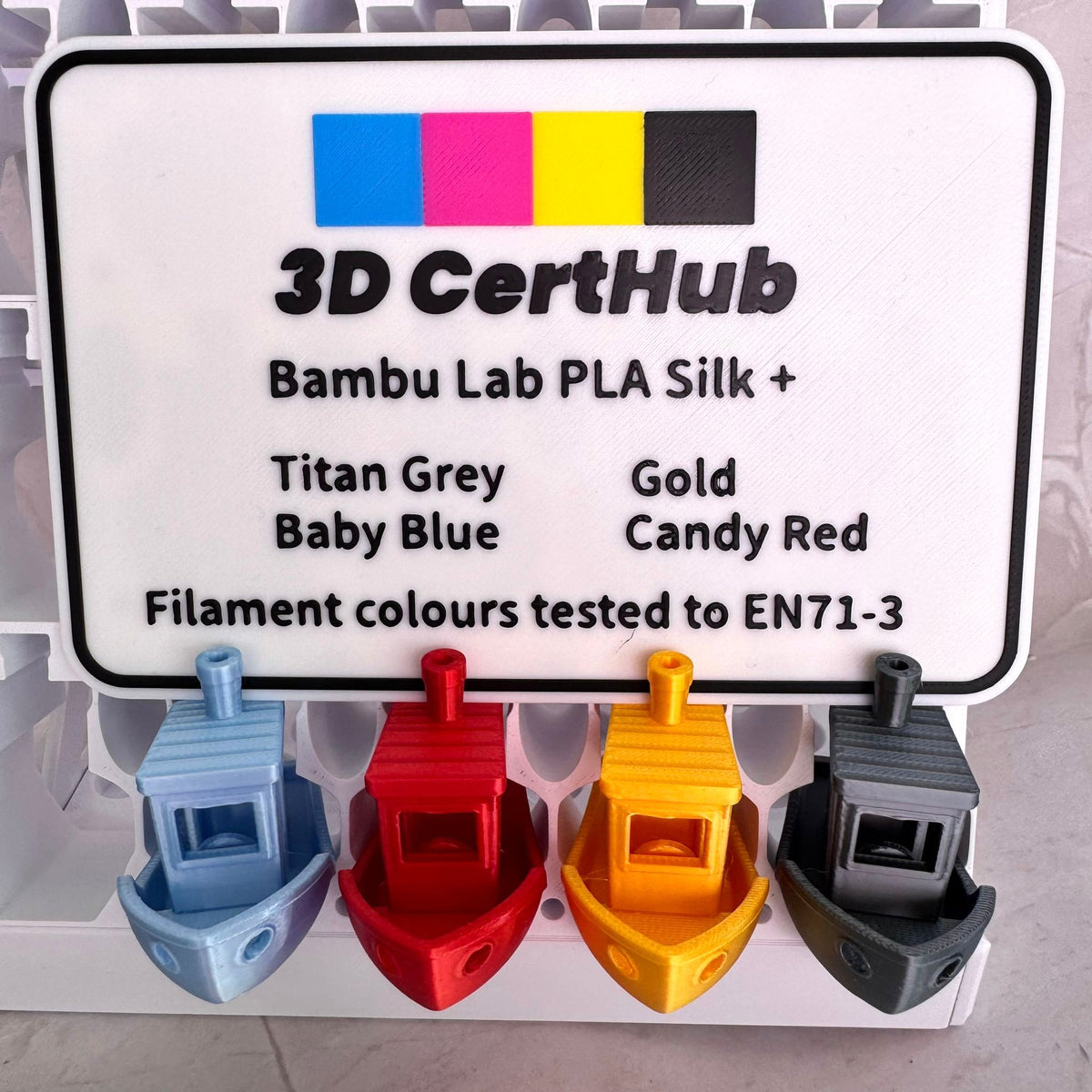 Bambu Lab PLA Silk+ EN71-3 tested Benchy samples and tested colours
