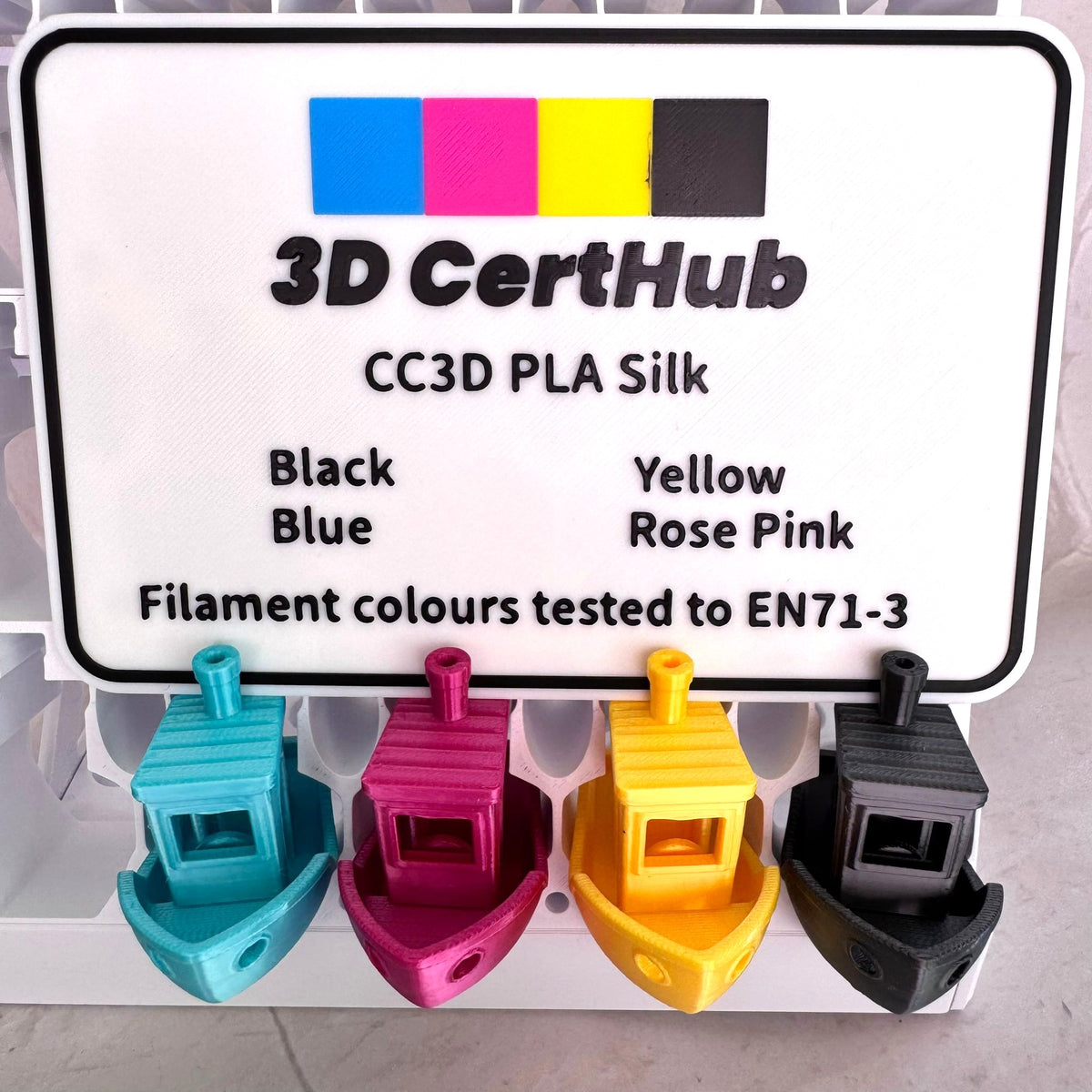 CC3D PLA Silk EN71-3 tested Benchy samples and tested colours