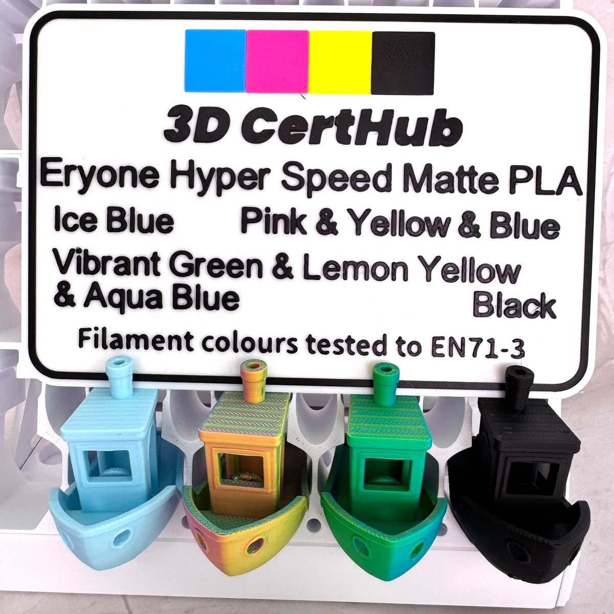 Eryone HyperSpeed Matte PLA EN71-3 tested Benchy samples and tested colours