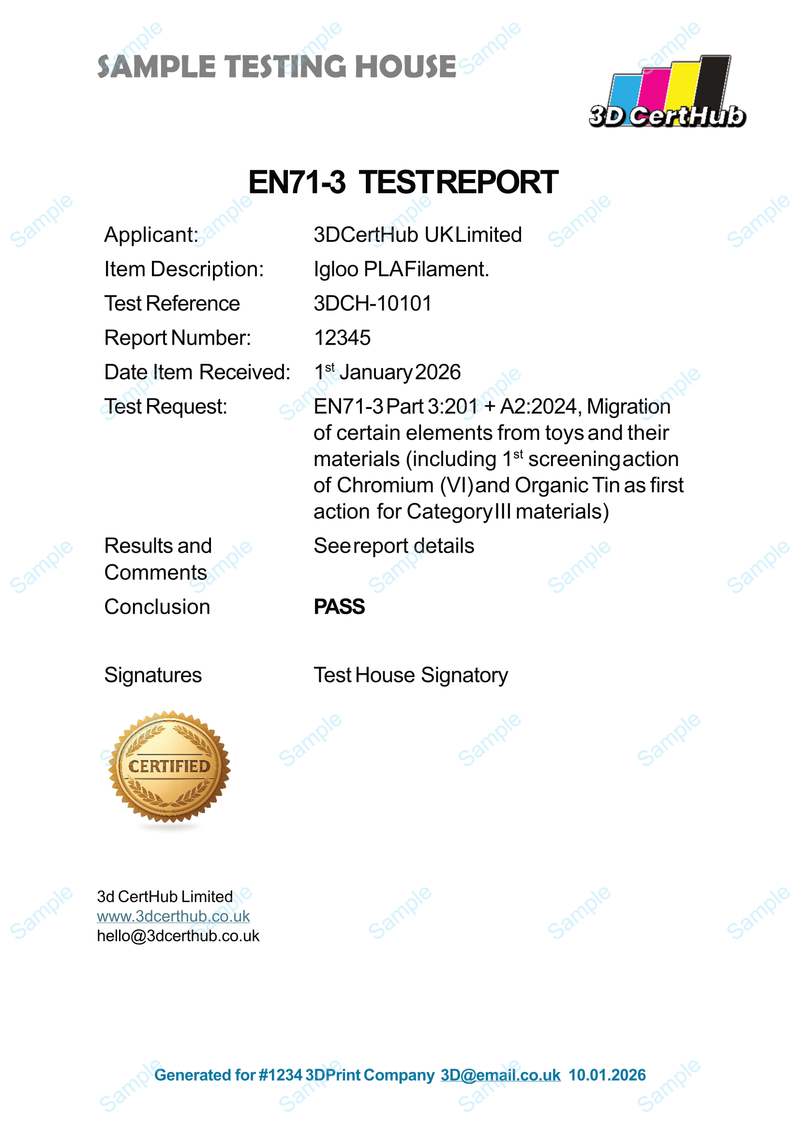 Example EN71-3 certificate layout