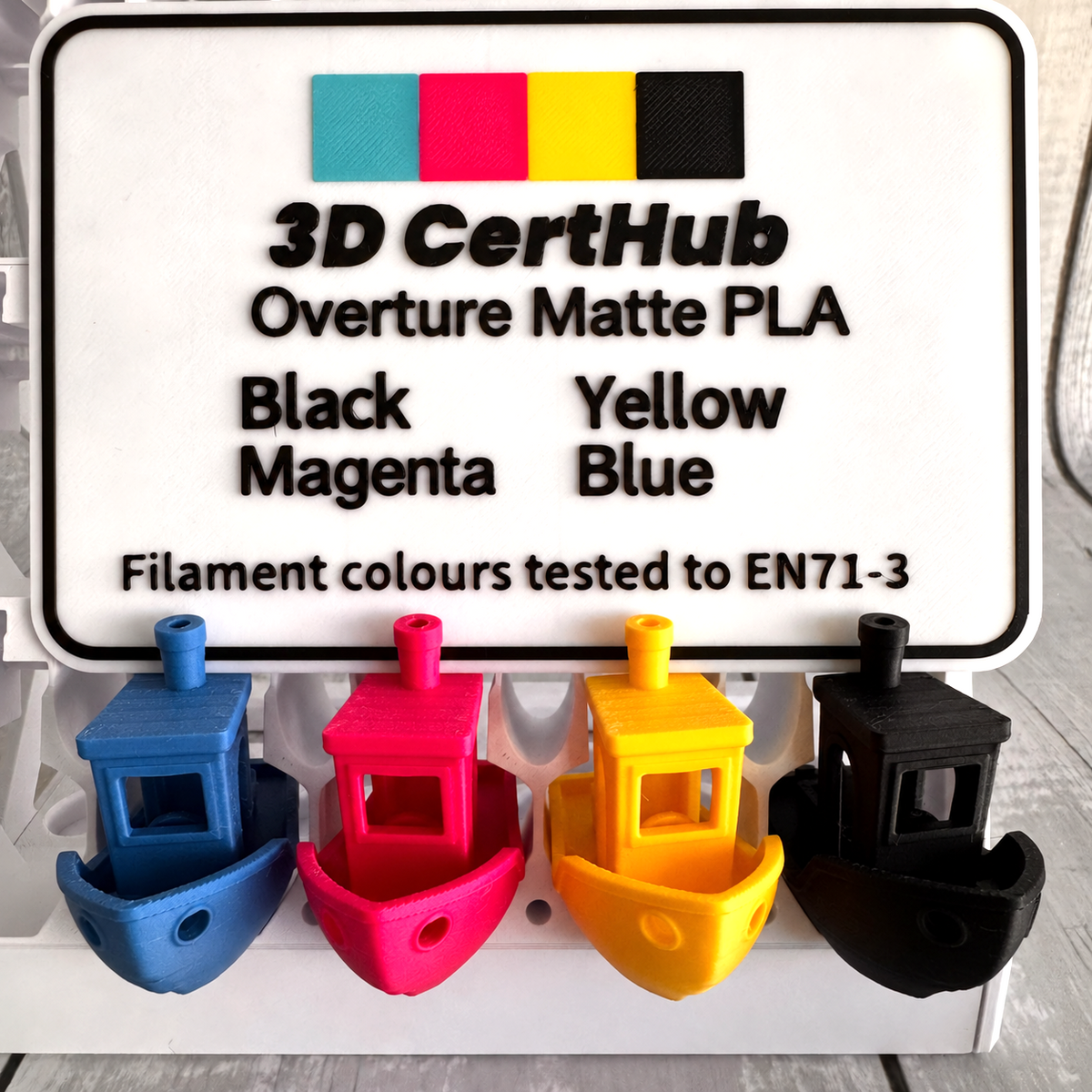 Overture Matte PLA EN71-3 tested Benchy samples and tested colours