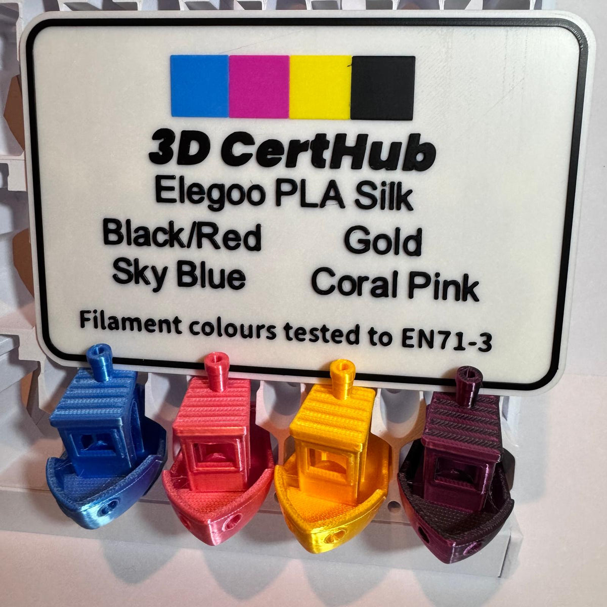 Elegoo PLA Silk EN71-3 tested Benchy samples and tested colours