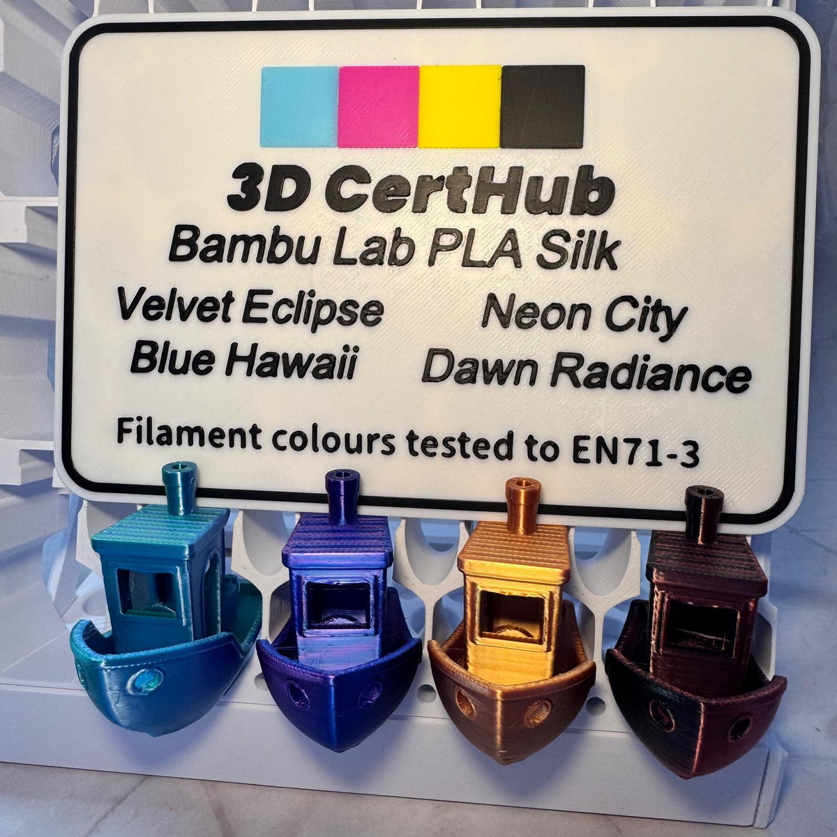 Bambu Lab PLA Silk EN71-3 tested Benchy samples and tested colours