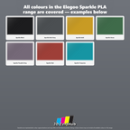 A color options graphic for Elegoo Sparkle PLA plastic filament, showing eight color swatches with names underneath: Sparkle Black, Sparkle Dark Gray, Sparkle Gold, Sparkle Green, Sparkle Purpleish Gray, Sparkle Red, and Sparkle Turquoise. Text at the top reads 'All colours in the Elegoo Sparkle PLA range are covered — examples below' and a 3D CerHub logo appears at the bottom.